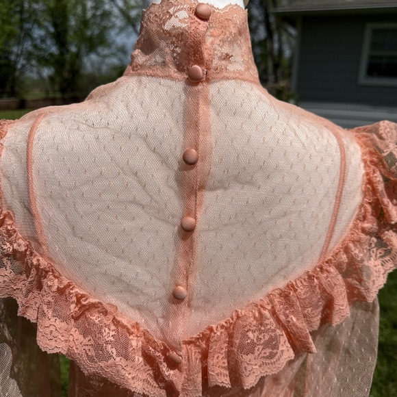 Vtg 70s Peach Lace Maxi Dress Sheer Sleeve Prairie Romantic Union Made Victorian - Picture 8 of 15